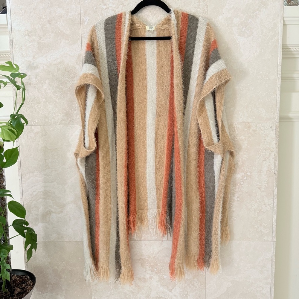 Kori America Beige Striped Fuzzy Fringe Open Cardigan Small EUC
